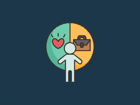 A person with a briefcase on its left side and a heart on its right side